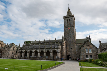 SAINT ANDREWS, SCOTLAND - AUGUST 12, 2019: St Salvators Chapel in Saint Andrews Castle with the tower in area of University of St Andrewsのeditorial素材
