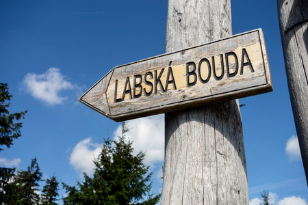 SPINDLERUV MLYN, CZECH REPUBLIC - AUGUST 20, 2020: Direction Sign with the Labska Bouda text which is the famous building in Krkonose, Czech Republicのeditorial素材