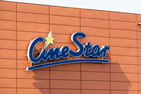OSTRAVA, CZECH REPUBLIC - APRIL 28, 2021: The logo of CineStar cinema chain which is closed because...