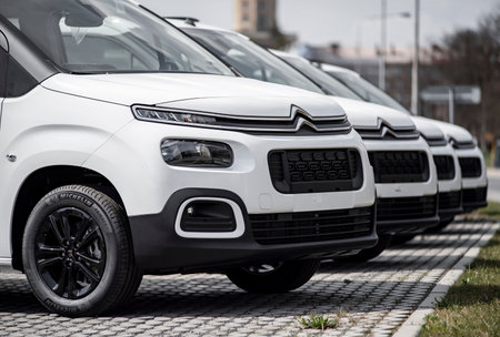 OSTRAVA, CZECH REPUBLIC - APRIL 1, 2021: Brand new white Citroen Berlingo small vans presented at a...