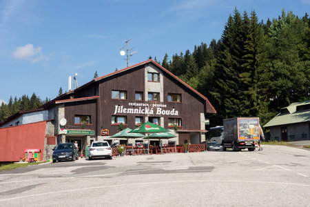 HORNI MISECKY, CZECH REPUBLIC - AUGUST 20, 2020: The Jilemnicka Bouda building in Horni Misecky with restaurant as a starting point for many hiking tours in Krkonose (Gigant Mountains)のeditorial素材