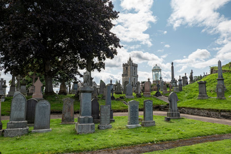 STIRLING, SCOTLAND - AUGUST 13, 2019: The graves at Old Town Cemetery with a large tree in Stirling, Scotland, UKのeditorial素材