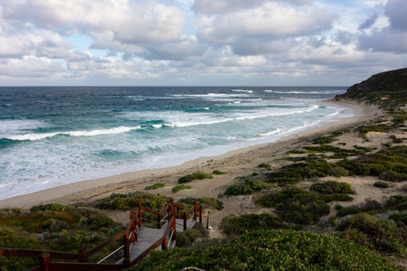 The stairs to Gnarabup Beach in Margaret Rvier region in Western Australia at cloudy morningの写真素材