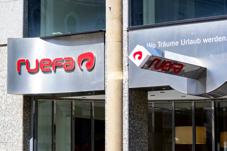 VIENNA, AUSTRIA - JULY 27, 2021: The banner of Ruefa company which is a travel agency in Austriaのeditorial素材