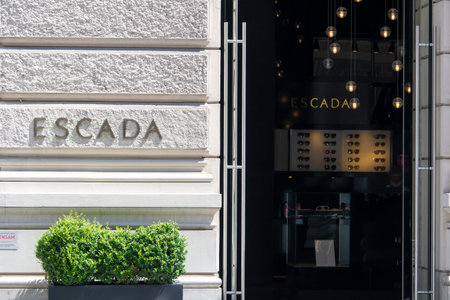 VIENNA, AUSTRIA - JULY 27, 2021: The wall and entrance to the Escada fashion store which sells stylish eyeglasses for women in Austriaのeditorial素材