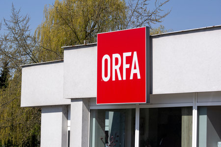 OSTRAVA, CZECH REPUBLIC - APRIL 28, 2021: The banner of ORFA company which sells furniture in Czech Republic above one of its storeのeditorial素材