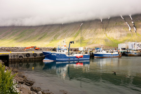 ISAFJORDUR, ICELAND - JULY 7, 2014: The industrial harbour of the Isafjordur in Iceland with a yachts, blue boat IS141 and mountain covered in misty cloudsのeditorial素材