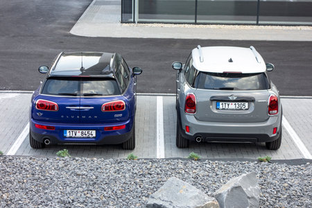 OSTRAVA, CZECH REPUBLIC - AUGUST 16, 2020: Two Minis Clubman Cooper and Countryman at dealership which sells BMW and Mini vehiclesのeditorial素材