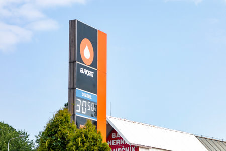 OSTRAVA, CZECH REPUBLIC - JULY 22, 2021: The banner of EuroBit petrol station with very cheap diesel fuel in Czech Republicのeditorial素材