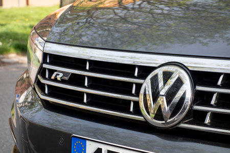 OSTRAVA, CZECH REPUBLIC - MAY 4, 2021: The front grill and hood of Volkswagen Passat with a R-Line badgeのeditorial素材