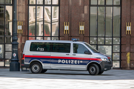 VIENNA, AUSTRIA - JULY 27, 2021: Volkswagen Transporter van of Austrian police in center of Vienna at Stephansplatz town squareのeditorial素材