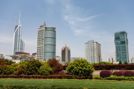 SHANGHAI, CHINA - APRIL 14, 2017: Landscape of Chinese Bund in Shanghai, China with skyscrapersのeditorial素材