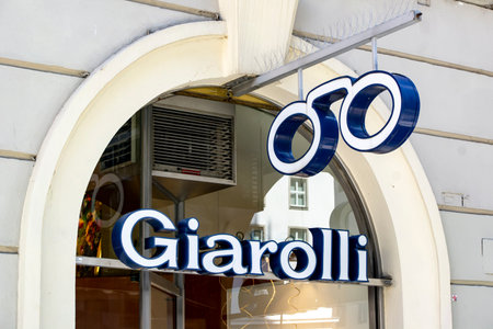 VIENNA, AUSTRIA - JULY 27, 2021: The banner of Giarolli store which sells glasses and other accessories for eyeglassesのeditorial素材