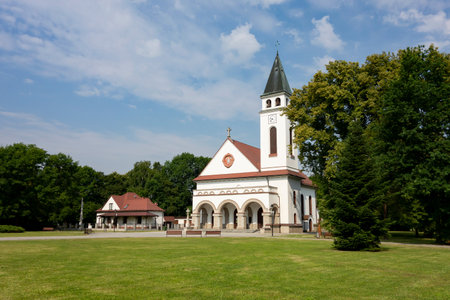 Landscape in Ostrava-Poruba with building of white Kostel Krista Krale churchの写真素材