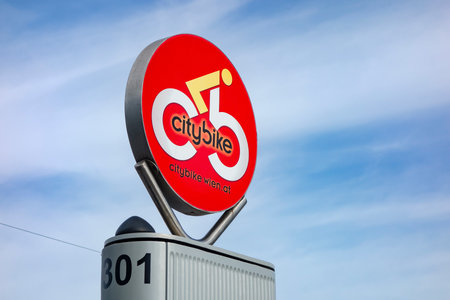 VIENNA, AUSTRIA - JULY 27, 2021: The banner of CityBike Wien bike-sharing company near the bicycle standのeditorial素材