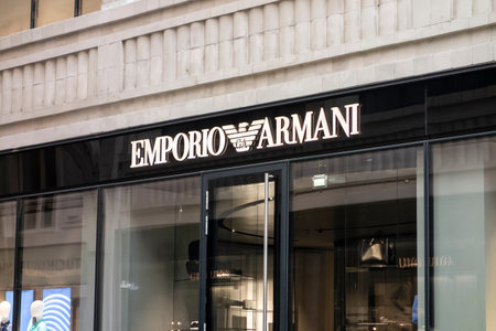 VIENNA, AUSTRIA - JULY 28, 2021: The banner of Emporio Armani company above the entrance to the store in Viennaのeditorial素材