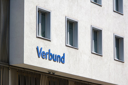 VIENNA, AUSTRIA - JULY 27, 2021: The logo of Verbund company on a building which is the largest provider of electricity in Austriaのeditorial素材