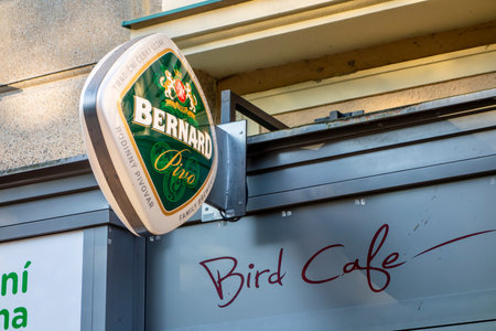 OSTRAVA, CZECH REPUBLIC - JUNE 2, 2021: Stylish green logo of a Czech brewery Bernard on a wall of a pubのeditorial素材