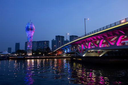 SHANGHAI, CHINA - APRIL 17, 2017: The bright Marine Tower and Longteng Avenue with a bridge in West Bund - Xuhui District of Shanghai city in China at nightのeditorial素材