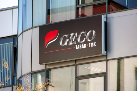 OSTRAVA, CZECH REPUBLIC - APRIL 28, 2021: The sign of GECO company above the news stand which sells newspapers, tobacco and othersのeditorial素材