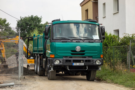 OSTRAVA, CZECH REPUBLIC - JULY 8, 2021: Brand new green Tatra 815 vehicle at a worksite where the road is under constructionのeditorial素材