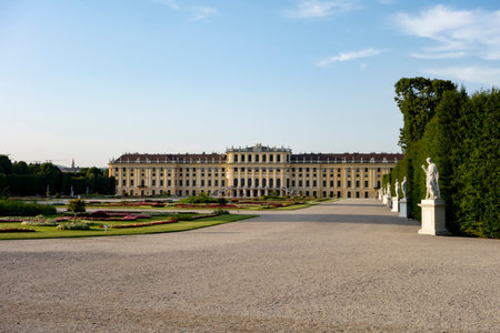 VIENNA, AUSTRIA - JULY 27, 2021: Landscape of a park and Schonbrunn castle in Vienna, Austria at sunsetのeditorial素材