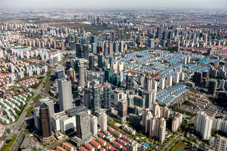 SHANGHAI, CHINA - APRIL 13, 2017: The cityscape of Shanghai, China with a lot of skyscrapers viewed from Shanghai Towerのeditorial素材