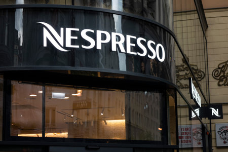 VIENNA, AUSTRIA - JULY 28, 2021: The Nespresso caffeteria with a logo of a company where people may drink coffeeのeditorial素材