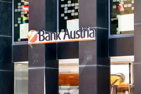 VIENNA, AUSTRIA - JULY 27, 2021: The entrance to the Bank Austria which is member of UniCredit bank companies in Viennaのeditorial素材