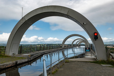 The construction of the end of Union Canal with traffic lights near the Falkirk Wheel, Scotland, UKの写真素材