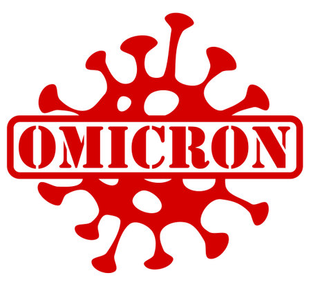 Vector illustration of a corona virus Sars-Cov-2 with a text OMICRON as a badge of positive infection by the B.1.1.529 variantのイラスト素材