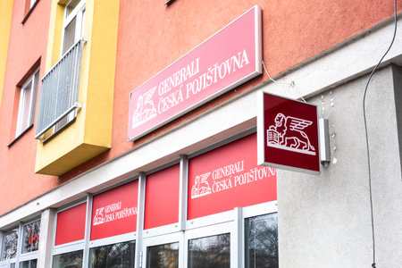 OSTRAVA, CZECH REPUBLIC - DECEMBER 13, 2020: Banner and storefront of Generali Ceska Pojistovna, Czech traditional insurance company with a logoのeditorial素材