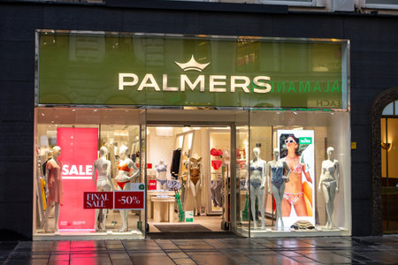 VIENNA, AUSTRIA - JULY 28, 2021: Storefront of the Palmers boutique which sells underwear for women at nightのeditorial素材