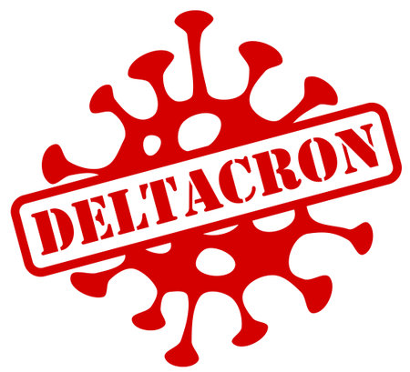 Vector illustration of a corona virus Sars-Cov-2 with a text DELTACRON as a badge of positive infection by the diseaseのイラスト素材