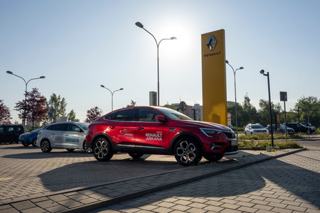 OSTRAVA, CZECH REPUBLIC - JUNE 2, 2021: Red Renault Arkana SUV as a brand new vehicle at dealership for a test driveのeditorial素材