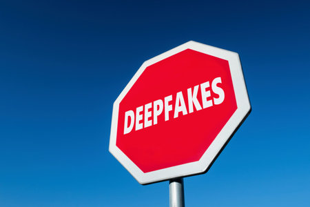 Stop sign with a text DEEPFAKES to cease fake imagery generated by artificial intelligence in order to deceive peopleの写真素材
