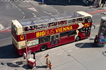 VIENNA, AUSTRIA - JULY 28, 2021: BigBus Vienna doubledecker bus for tourists view from the top