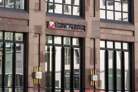 VIENNA, AUSTRIA - JULY 27, 2021: The storefront of Bank Austria company in Vienna on a modern marble buildingのeditorial素材