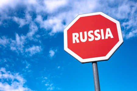 Traffic sign with RUSSIA text as a protest again Russian aggression to Ukraine and invasion to the countryの写真素材