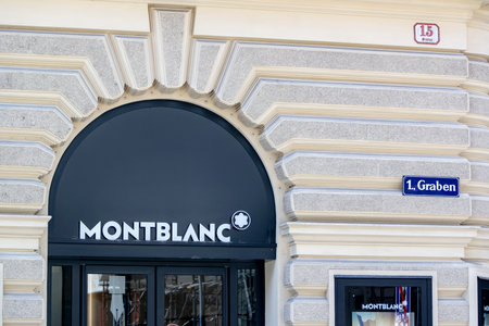 VIENNA, AUSTRIA - JULY 27, 2021: Storefront of Montblanc boutique shop selling accessories like luxury bags or pens in Viennaのeditorial素材