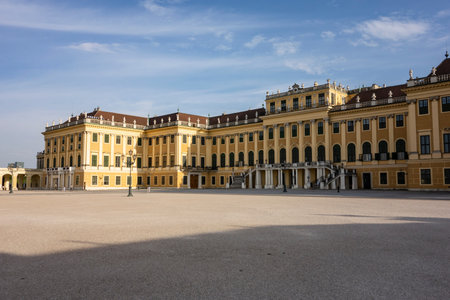 VIENNA, AUSTRIA - JULY 27, 2021: Landscape without tourists at courtyard of Schonbrunn castle in Vienna, Austria at sunsetのeditorial素材