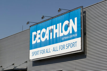 OSTRAVA, CZECH REPUBLIC - APRIL 28, 2021: The banner of Decathlon sport store in Futurum shopping mall in Ostravaのeditorial素材