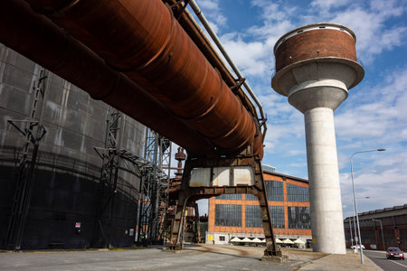 OSTRAVA, CZECHIA - SEPTEMBER 23, 2020: Water reservoir, Gong gas tank and historical U6 (Maly Svet Techniky) hangar buildings in Ostrava Dolni Vitkovice district with the technical museumのeditorial素材