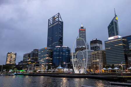 PERTH, WESTERN AUSTRALIA - JULY 14, 2018: Skyscrapers at Elizabeth Quay in Perth, Western Australia like Lavan, Rio Tinto, Deloitte, BHP, AMP and Spanda sculptureのeditorial素材
