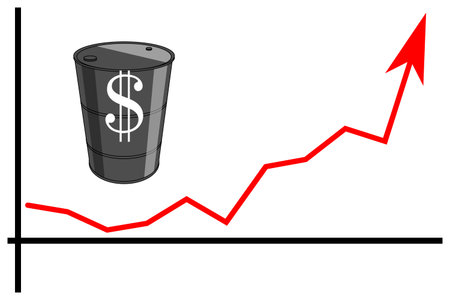 Vector illustration of graph of crude oil prices with oil barrel and quickly raising prices and dollar signのイラスト素材