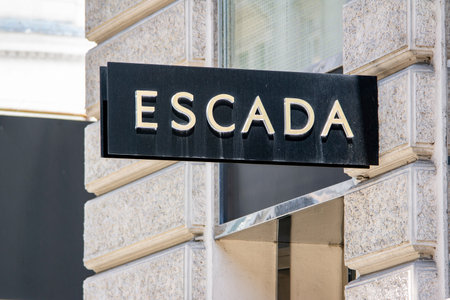 VIENNA, AUSTRIA - JULY 27, 2021: The banner of Escada fashion store which sells stylish eyeglasses for women in Austriaのeditorial素材