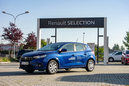 OSTRAVA, CZECH REPUBLIC - JUNE 2, 2021: Blue Dacia Sandero hacthback as a brand new vehicle at dealership for a test driveのeditorial素材