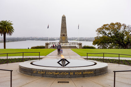 PERTH, WESTERN AUSTRALIA - JULY 15, 2018: State War Memorial at Kings Park and Botanic Garden with Eternal Flame in Perth, Western Australiaのeditorial素材