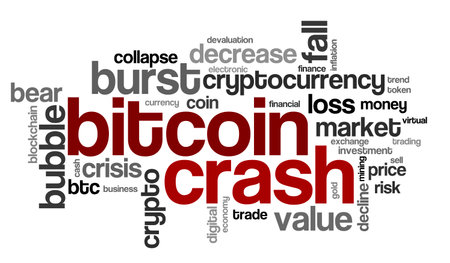 Word cloud with tags connected with bitcoin crash and cryptocurrency market bubble burstの写真素材