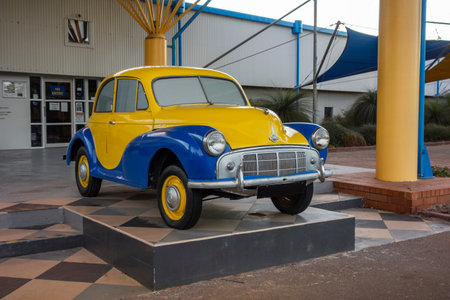 PERTH, WESTERN AUSTRALIA - JULY 13, 2018: Motor Museum of Western Australia in Whiteman Park with blue-yellow Morris Minorのeditorial素材